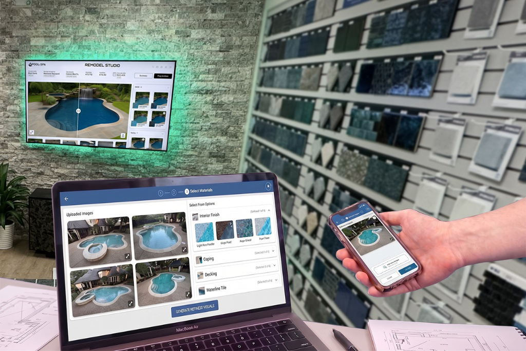 Before and after pool remodeling preview with Poolpix AI pool design software